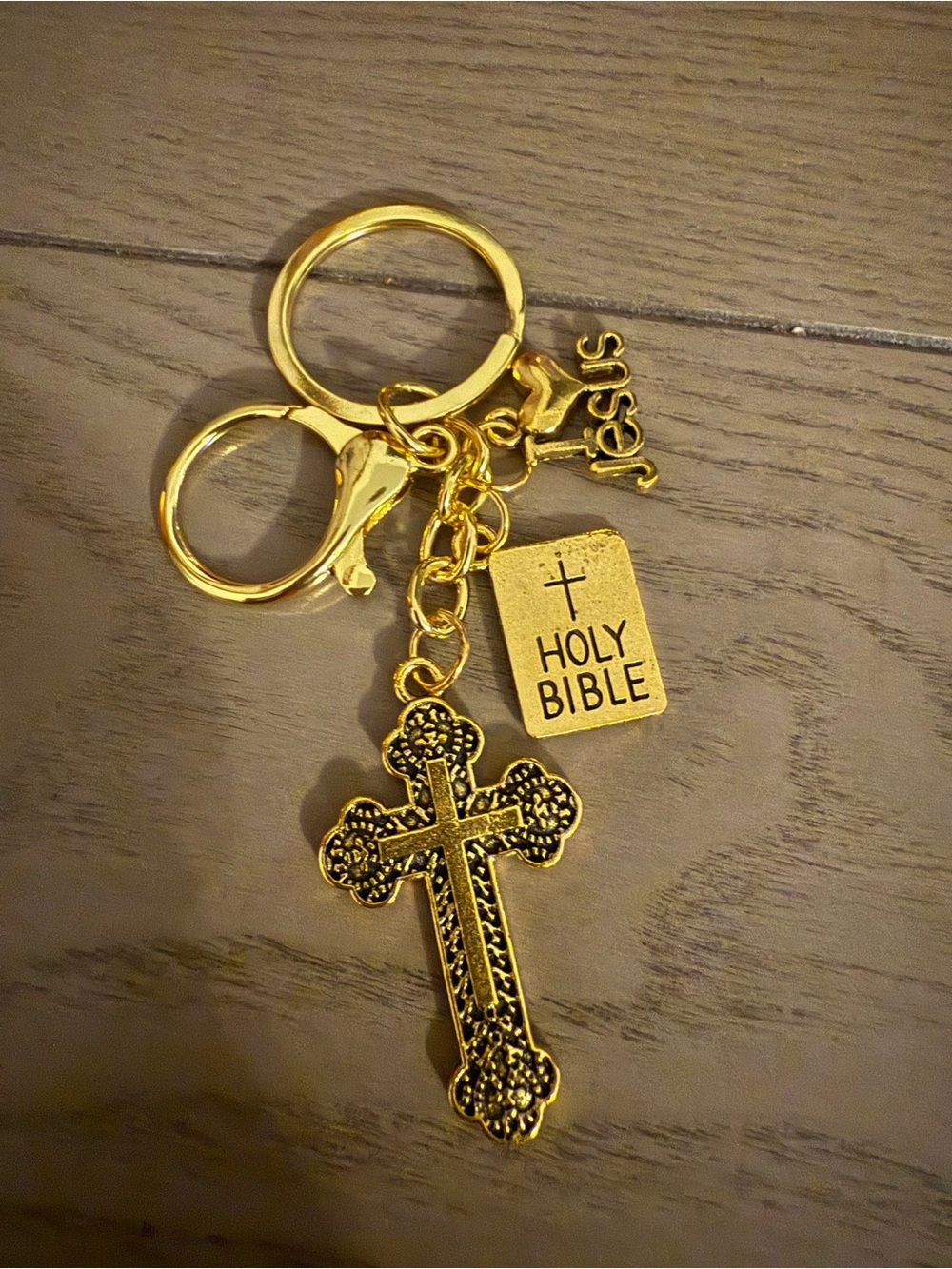Holy Bible Cross Multi Charm Keychain in Gold Tone